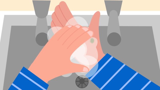 Animated illustration of someone washing their hands thoroughly