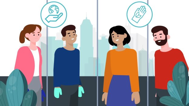 Animated image of 4 people explaining an idea about gloves