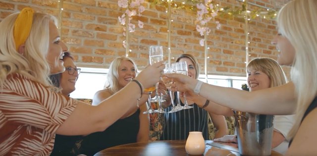 A group of ladies doing a cheers
