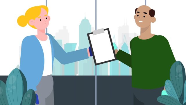 Illustration of a blonde lady passing a clipboard to a brunette man
